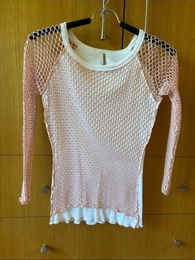Pete XS Light Pink Open-Knit Layered Long-Sleeve Top